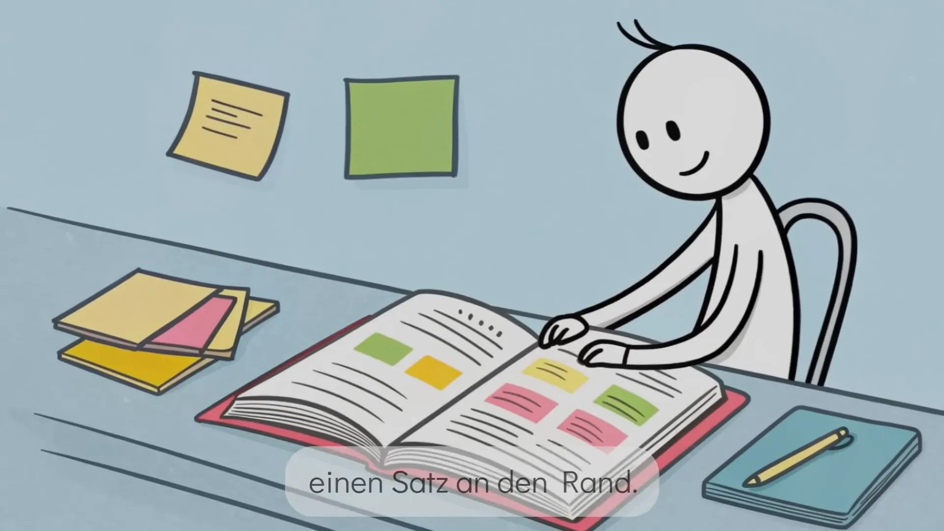 Bleistift und Notizen am Rand eines Buchkapitels