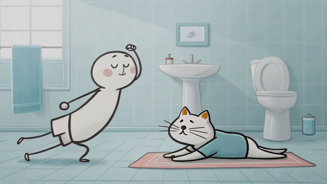 Cartoon: Person macht Liegestütze im Badezimmer neben einer Katze auf einer Matte