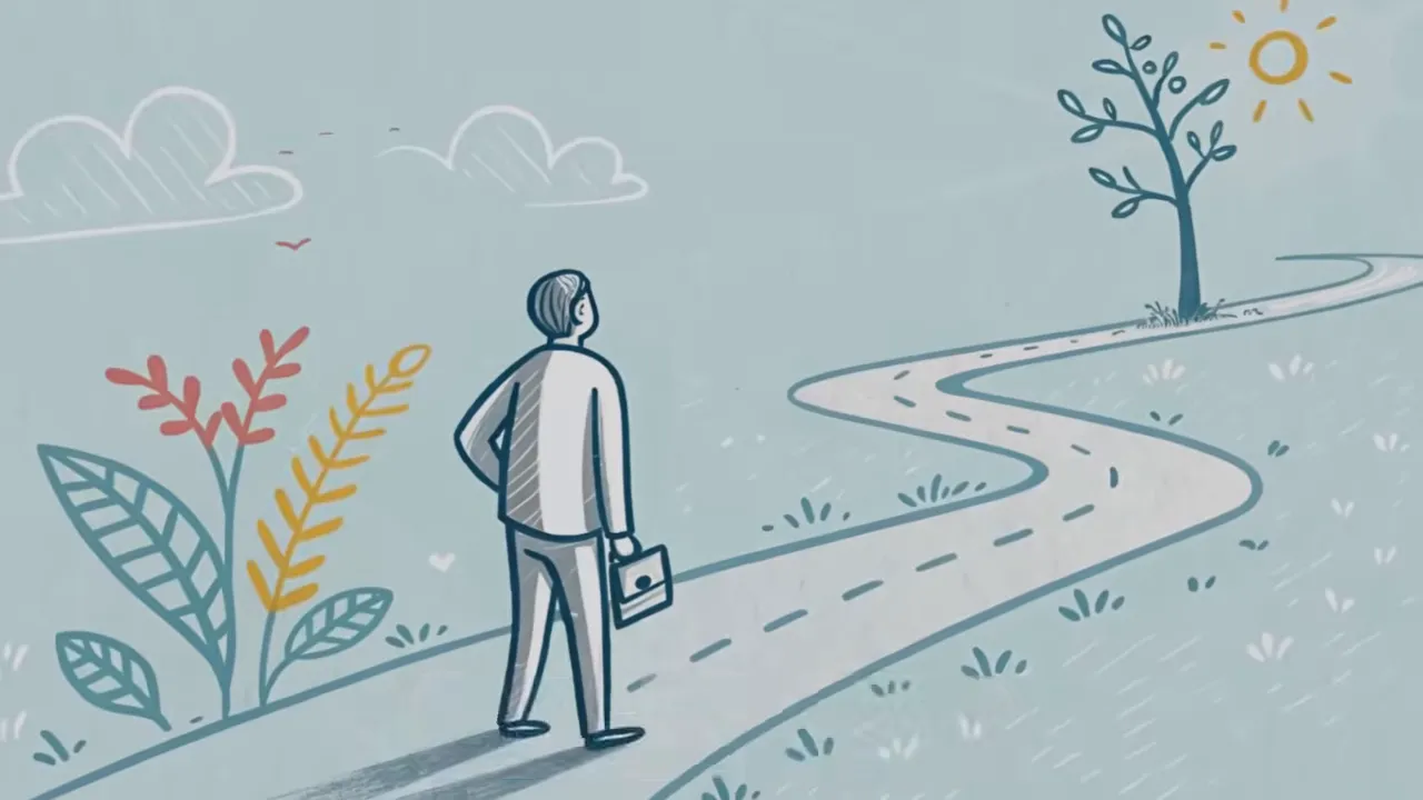 Klar gezeichnete Illustration: Person steht am Anfang eines gewundenen Wegs zur Sonne