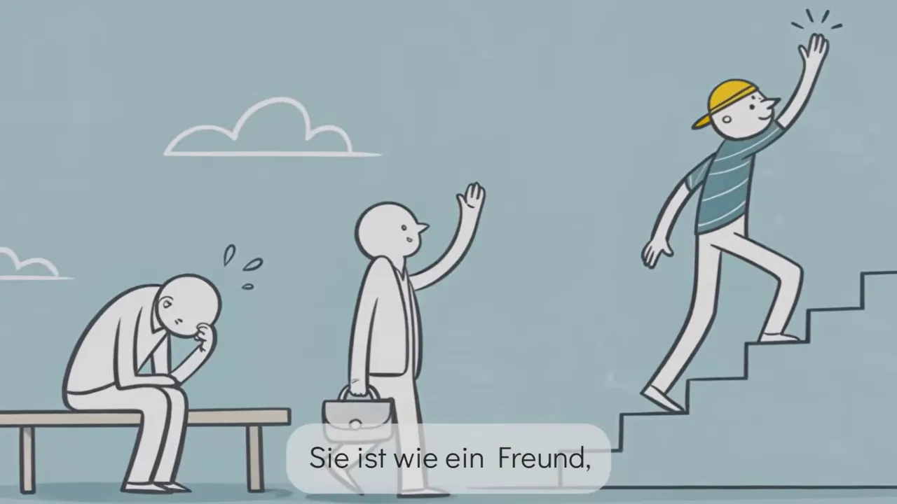 Cartoonfigur steigt konsequent Treppe hinauf als Metapher für Disziplin