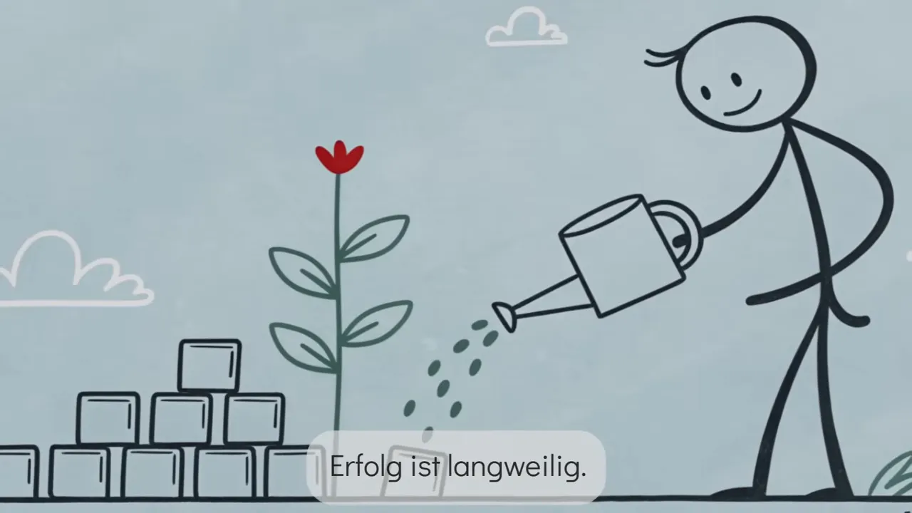 Strichmännchen gießt eine Pflanze; eingeblendeter Text 'Erfolg ist langweilig'