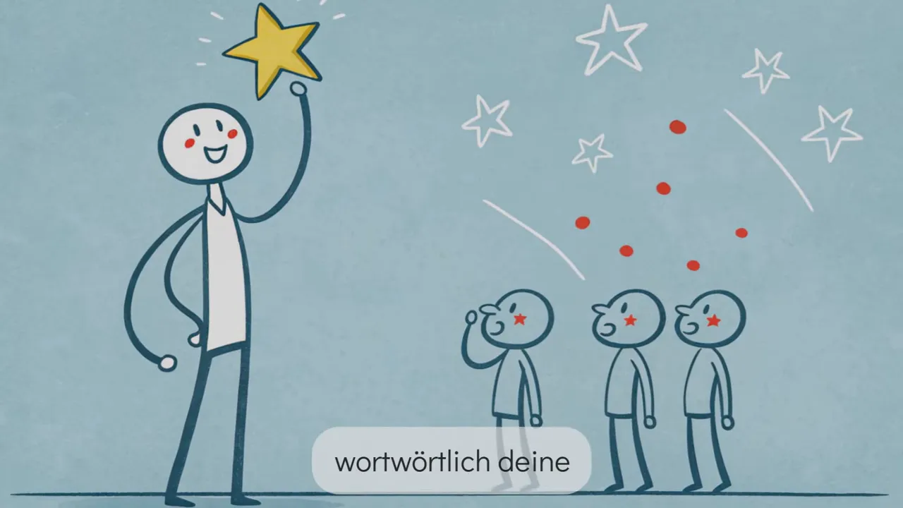 Großes Strichmännchen hält einen gelben Stern über dem Kopf, drei kleinere Figuren schauen beeindruckt; dezenter Untertitel am Bildfuß