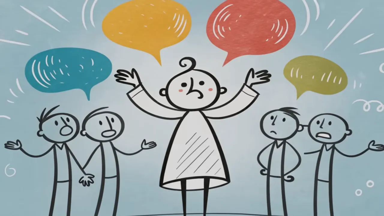 zentraler Mensch mit erhobenen Händen, umgeben von mehreren bunten Sprechblasen, symbolisch für viele Anfragen