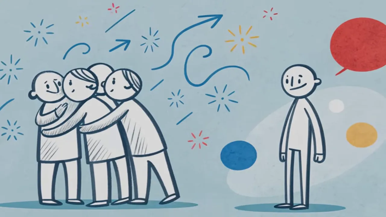 Illustration: vier Personen umarmen sich links; eine einzelne Person steht rechts und schaut zu ihnen