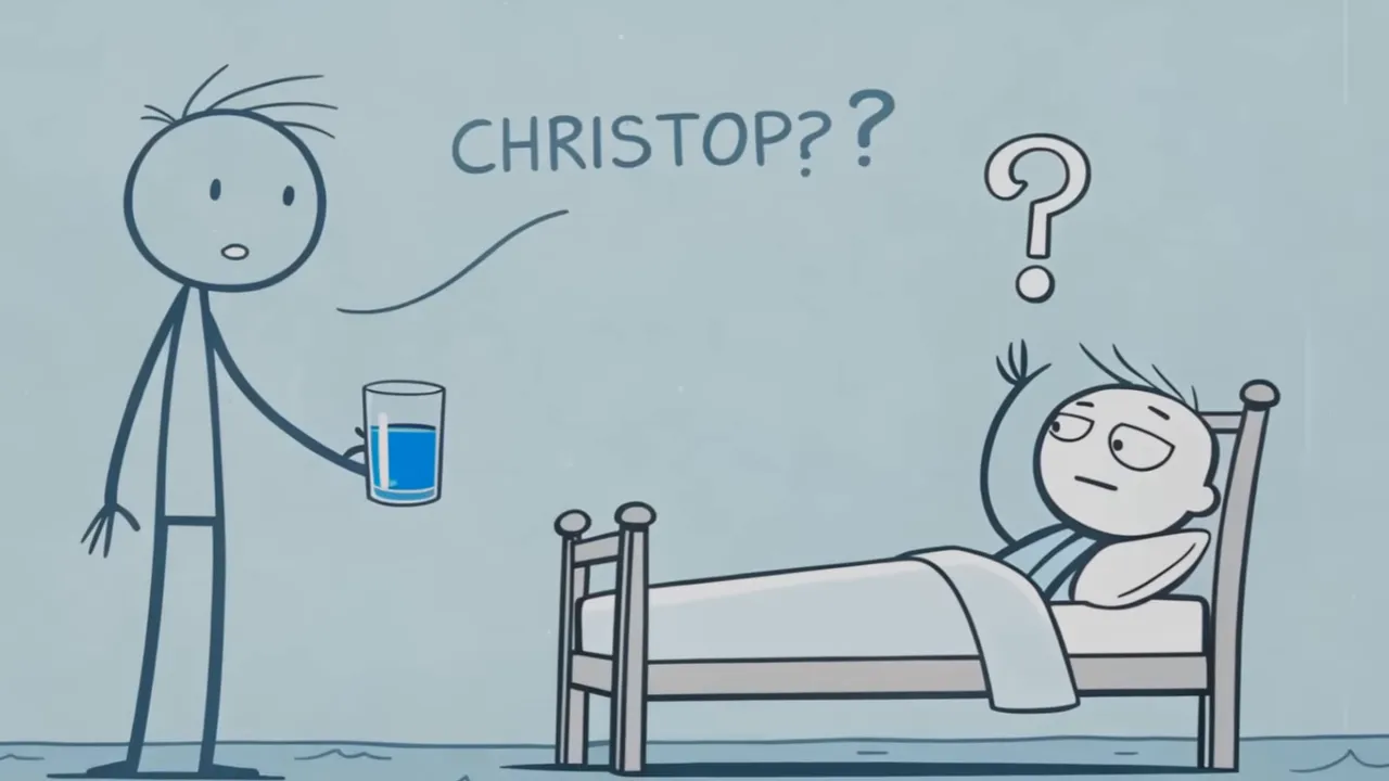 Illustration: Person reicht ein Glas Wasser an Christoph im Bett; Fragezeichen über dem Kopf