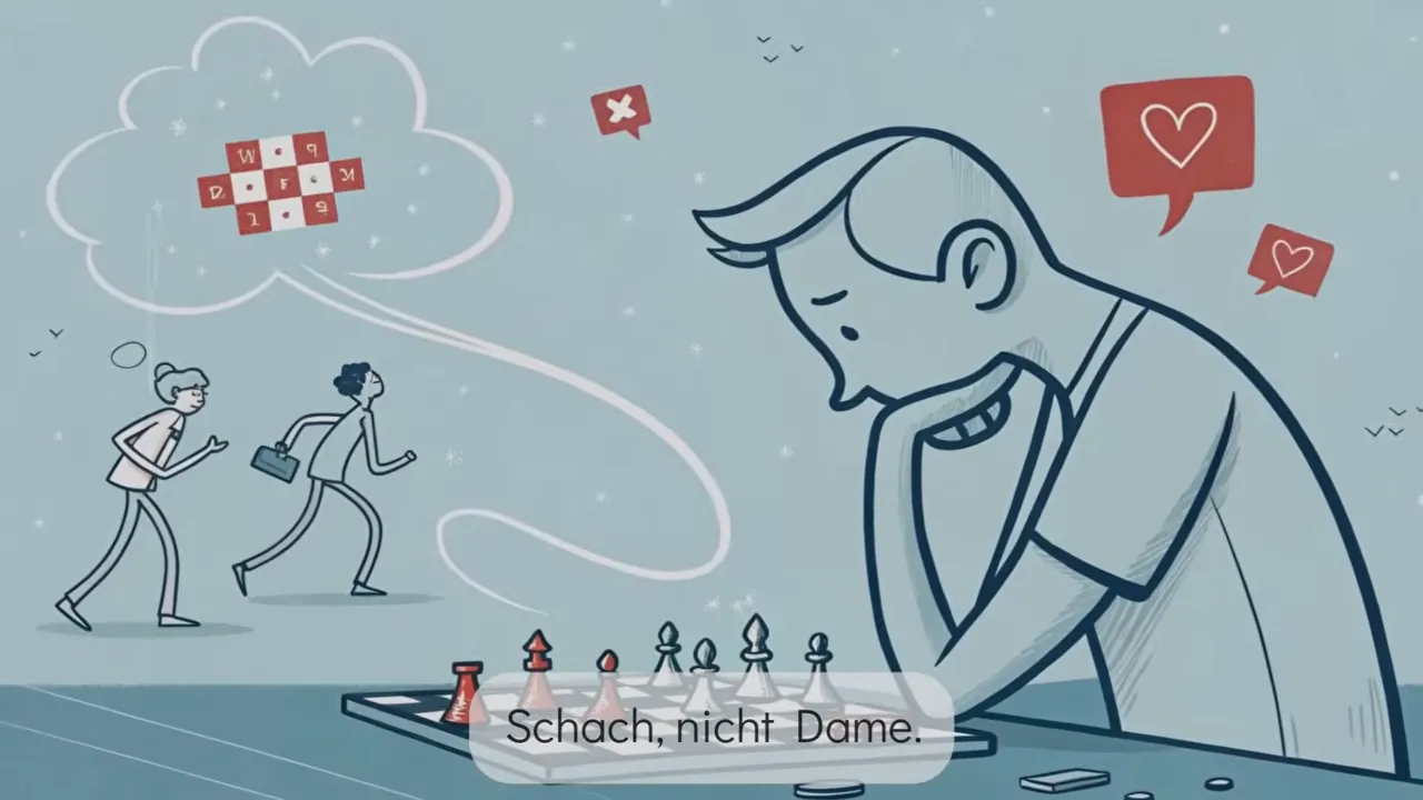 Person über Schachbrett mit dem Text ‚Schach, nicht Dame.‘