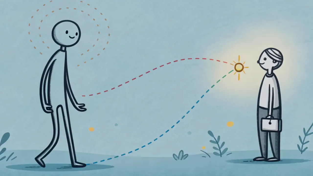 Illustration zweier Figuren; eine sendet farbige gestrichelte Linien zu einer anderen, die ruhig bleibt und ein Licht empfängt