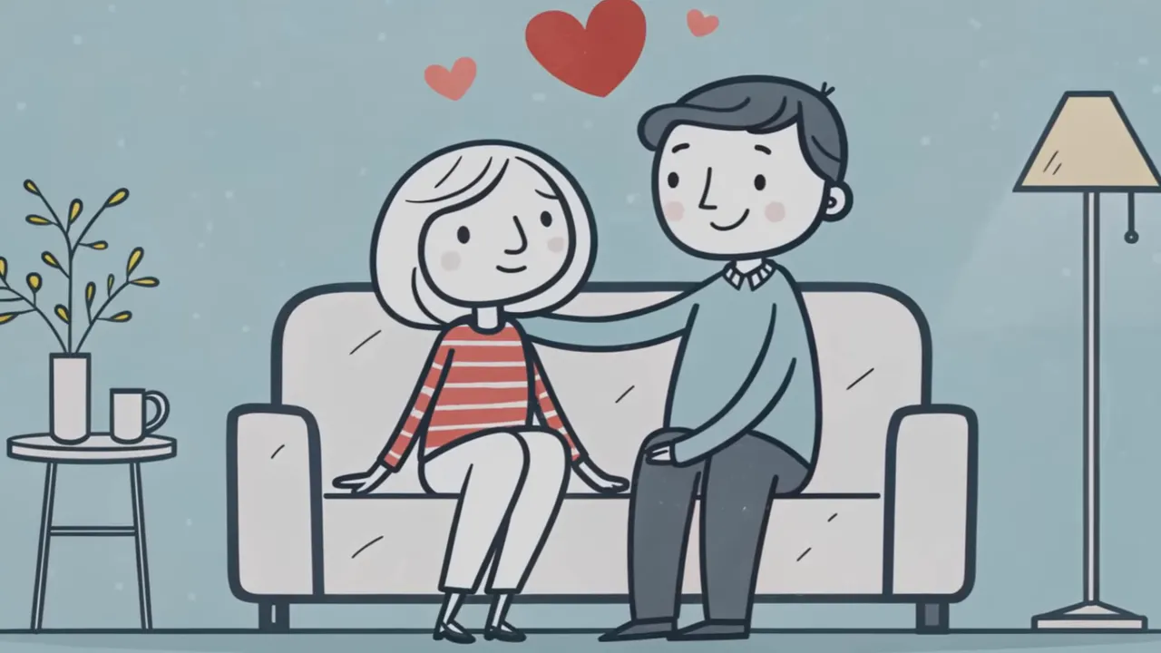 Klare Illustration: Paar sitzt gemeinsam auf dem Sofa mit Herzen über ihren Köpfen