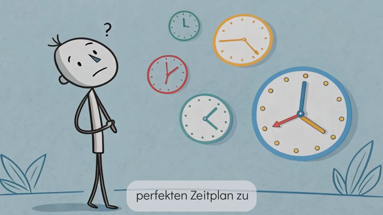 gezeichnete Person blickt auf mehrere Uhren an der Wand, Symbol für Zeitwahl