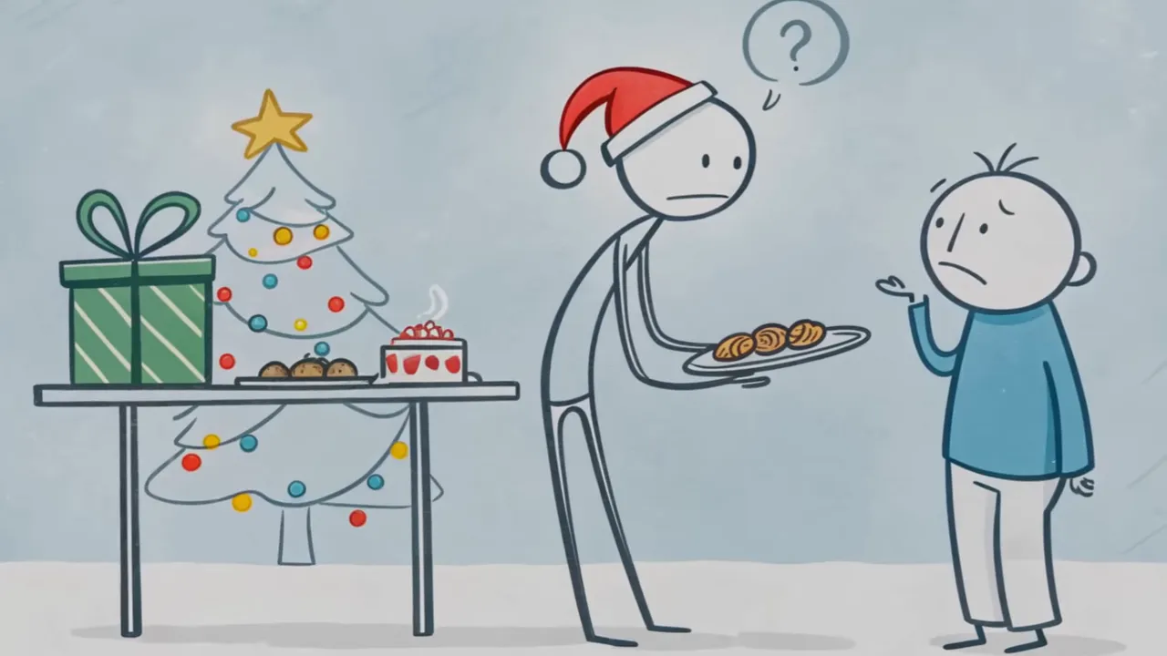 Klare Cartoon-Szene: Weihnachtstisch mit Gebäck und Geschenk, jemand bietet Kekse an und eine andere Figur wirkt unsicher.