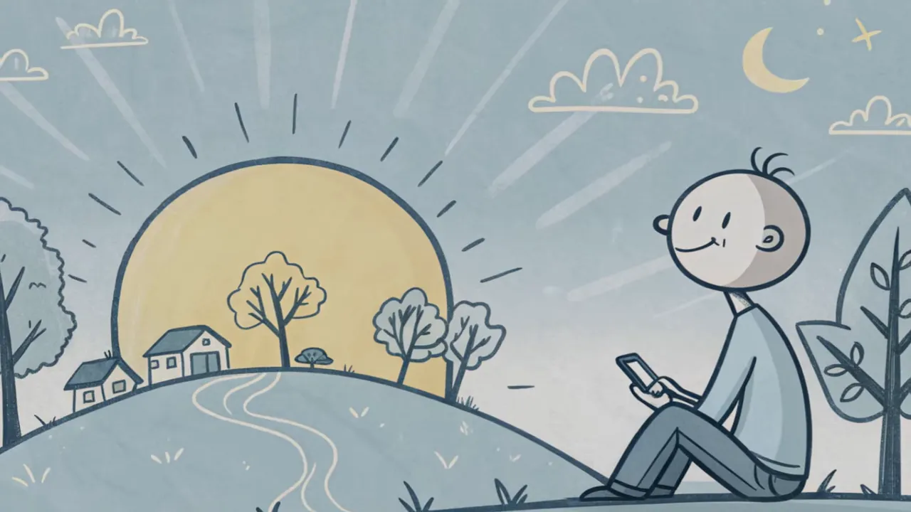 Illustration: Person sitzt am Hügel, blickt zum Sonnenaufgang und hält ein Smartphone; klare Szene für eine feste Morgenzeit