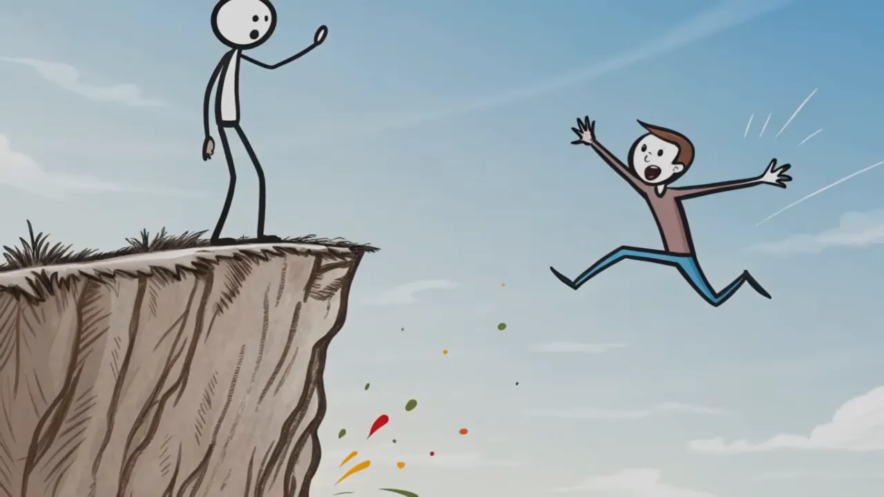 Figur springt von einer Klippe in die Luft, zweite Figur steht am Rand