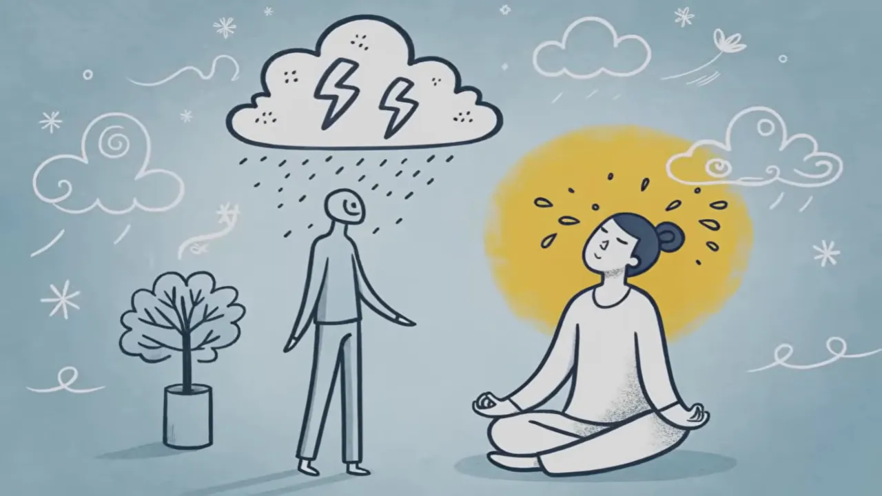 Illustration meditierende Person mit gelbem Halo gegenüber Person unter Regenwolke