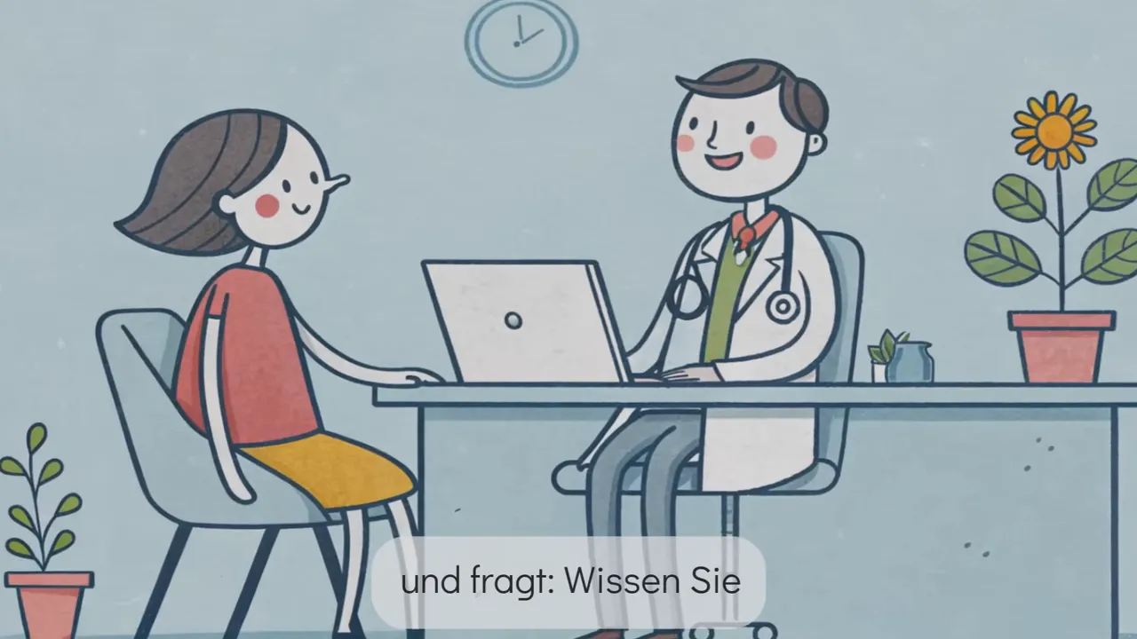 Cartoon-Illustration: Patient sitzt beim Arzt am Schreibtisch, freundliche Beratungsszene