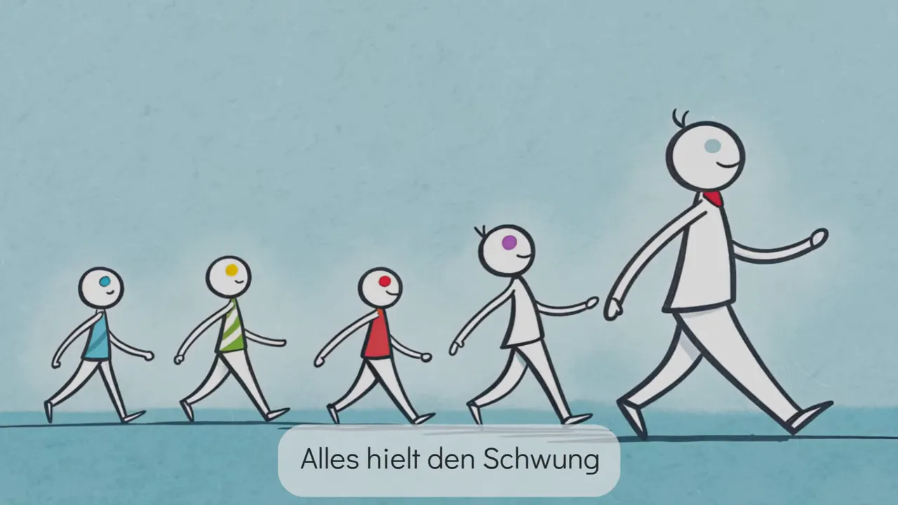 Mehrere Strichfiguren gehen in einer Reihe; die vorderste Figur ist deutlich größer und führt die Gruppe — Symbol für Wachstum durch Routine.