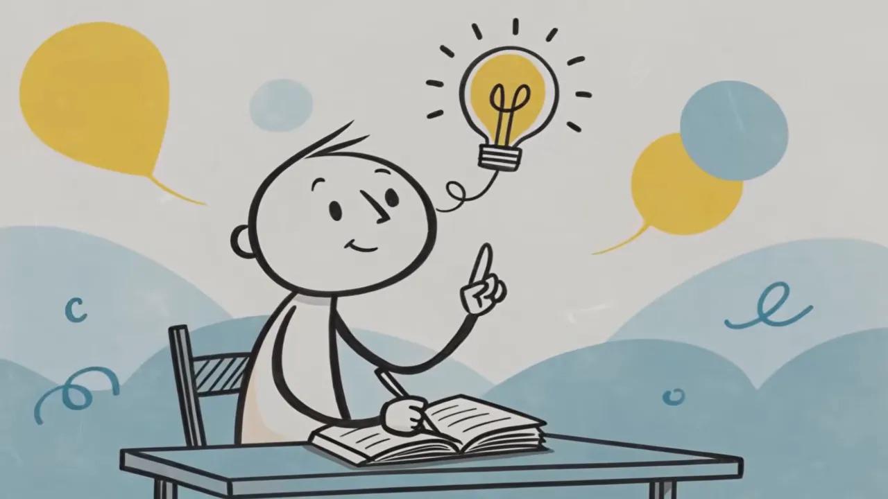 Strichmännchen sitzt am Tisch, schreibt in ein Buch und eine Glühbirne symbolisiert eine Idee