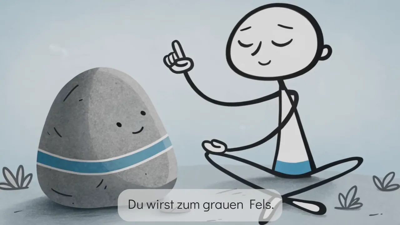 Strichmännchen meditiert neben einem grauen Felsen mit eingeblendetem Untertitel
