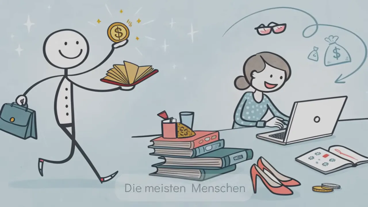 Illustration: Figur hält Buch und Münze, daneben Person am Laptop und Stapel Bücher