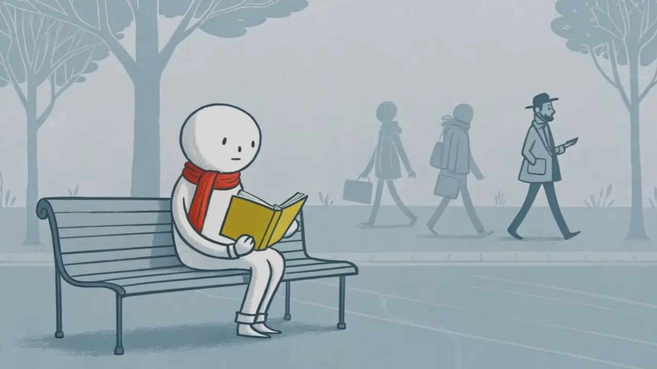 Illustration: Person sitzt allein auf einer Parkbank und liest ein Buch, im Hintergrund gehen Menschen vorbei