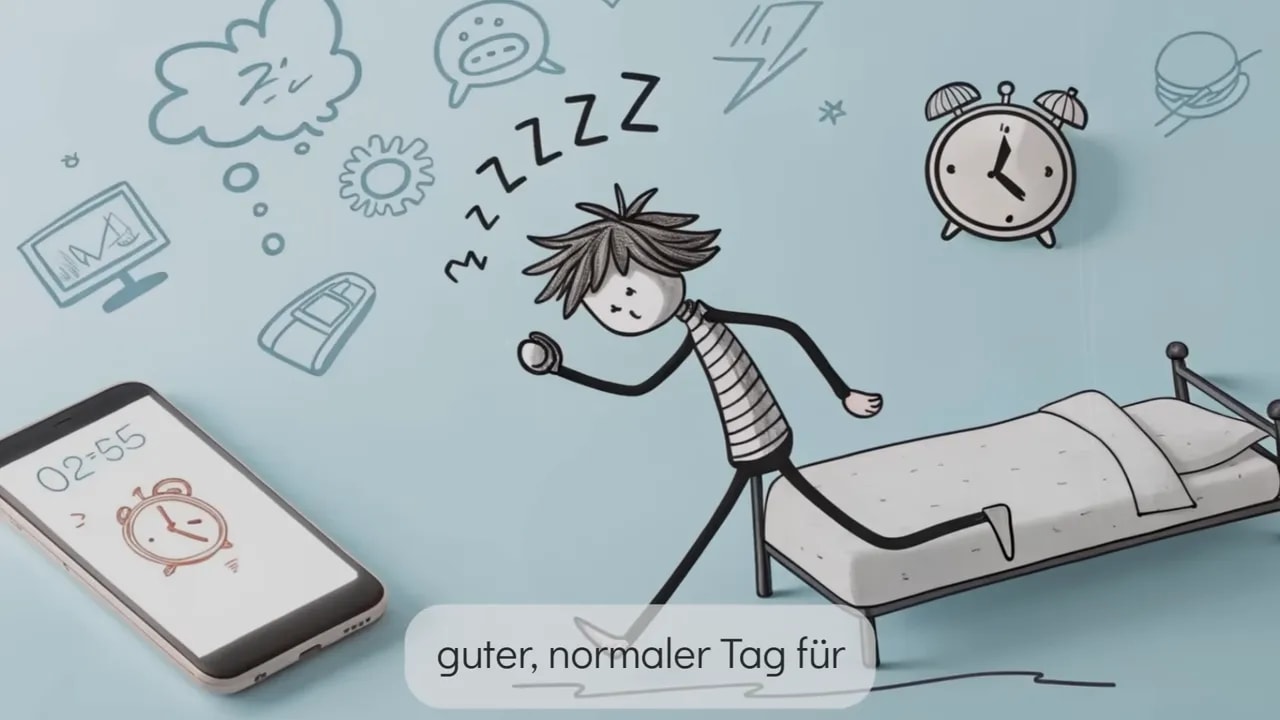 Helle Illustration: Strichfigur springt aus dem Bett, Handy mit Wecker im Vordergrund und Uhr an der Wand – visuelle Metapher für einen einfachen Morgenbeginn.