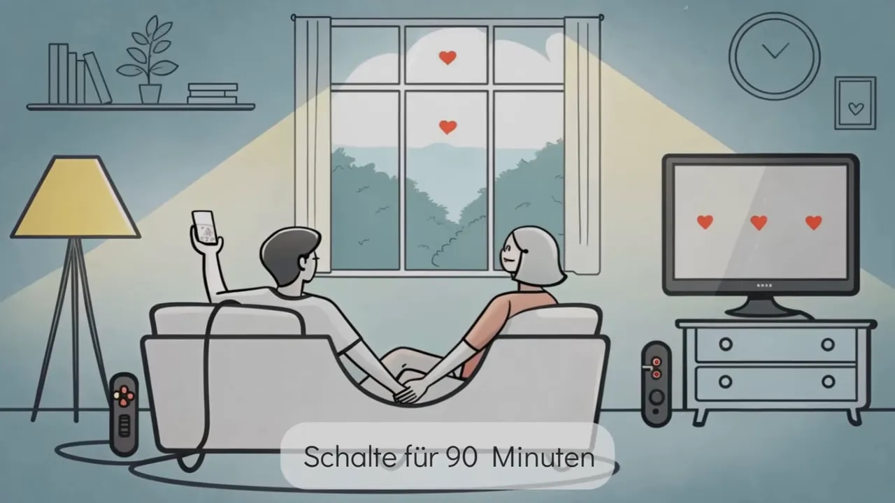 Illustration: Paar auf Sofa mit Smartphone; Bildtext ‚Schalte für 90 Minuten‘ eingeblendet