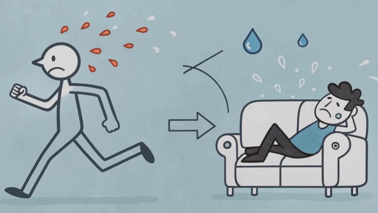 Cartoon: links eine laufende Figur, rechts eine entspannte Person auf einer Couch, ein Pfeil zeigt den Gegensatz; symbolisiert Kampf zwischen Aktivität und Trägheit.