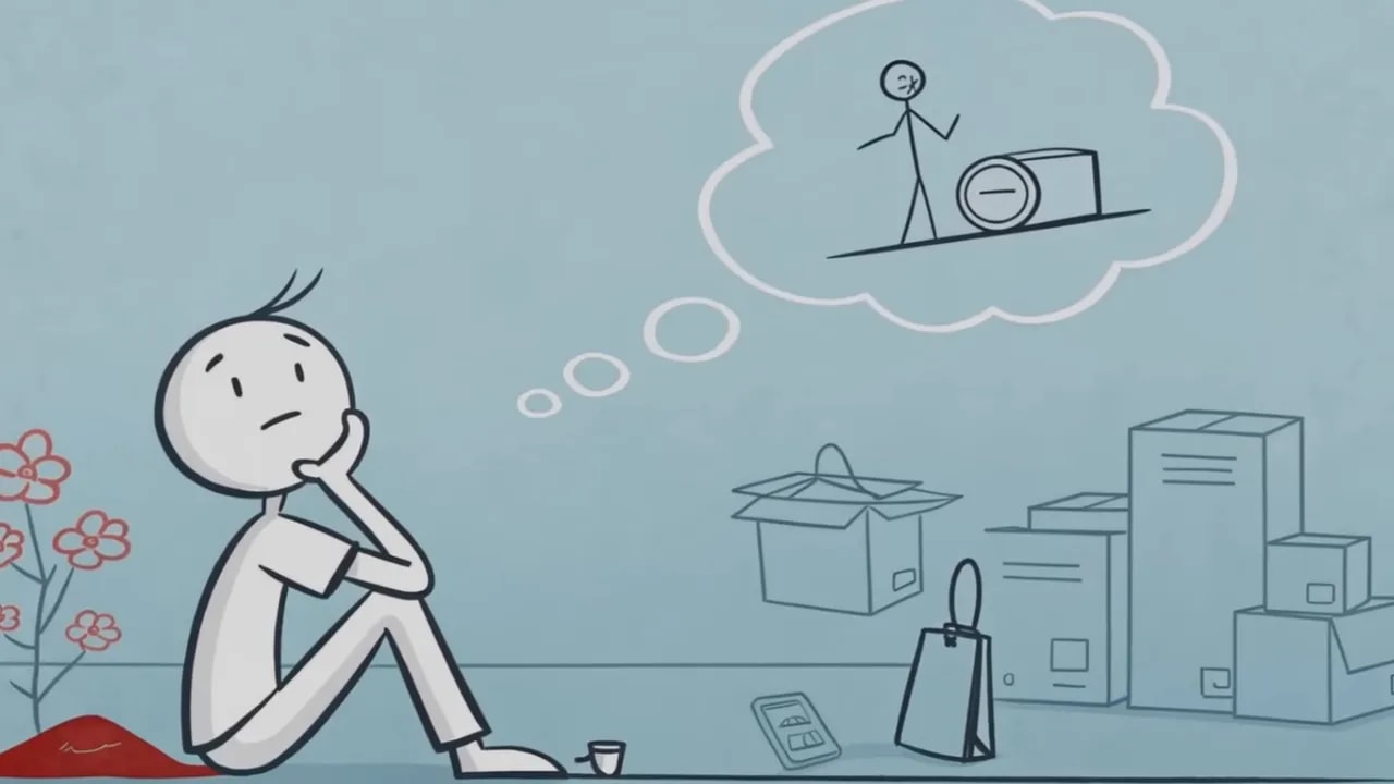Gezeichnete Figur sitzt nachdenklich vor einem Stapel Kartons und einer Tasche; klare, helle Illustration ohne Einblendungen.