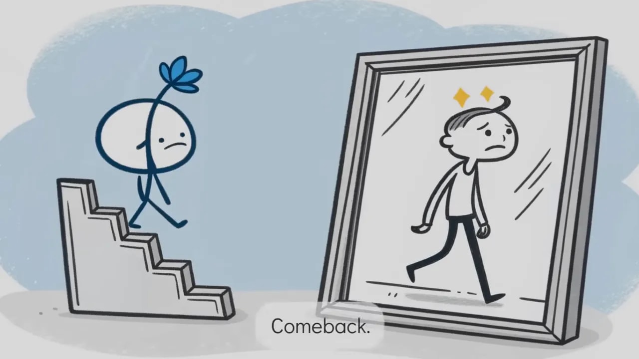 Strichmännchen geht Treppe hinab; im Spiegel erscheint ein veränderteres Ich; Untertitel ‚Comeback.‘