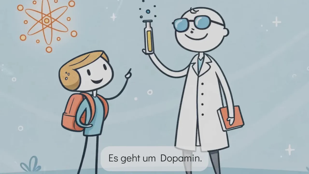 Illustrierte Figur mit Reagenzglas und Text 'Es geht um Dopamin'.