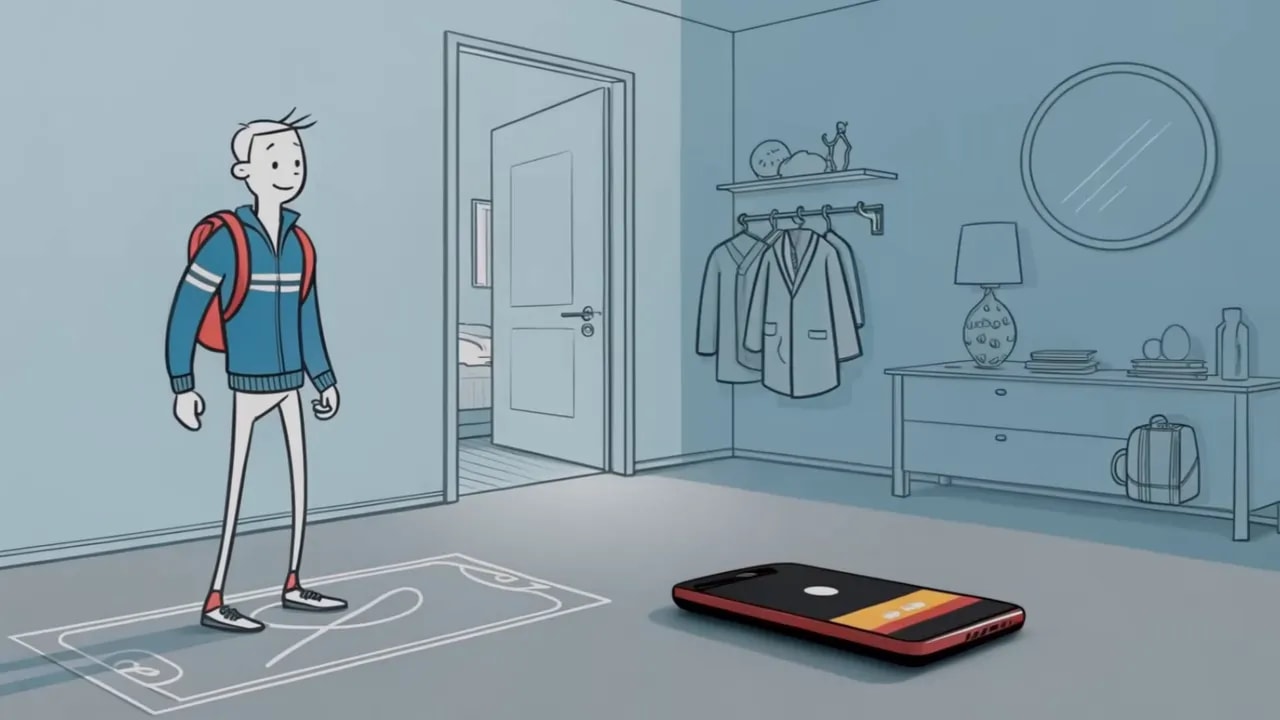 Illustration eines Zimmers: Person steht fertig angezogen, Kleidung hängt sichtbar, großes Smartphone liegt auf dem Boden außer Reichweite