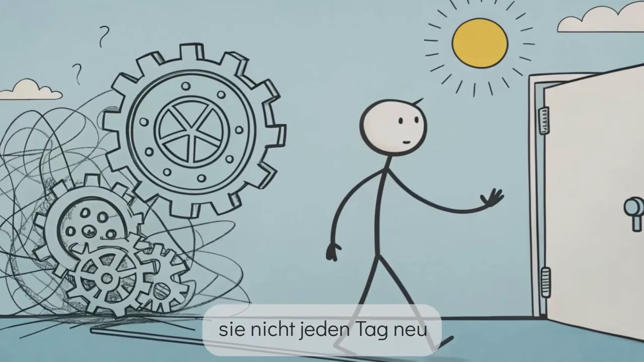 Klarer Cartoon: chaotische Zahnräder links, Strichmännchen geht zur offenen Tür rechts – Illustration von Entscheidungsentlastung