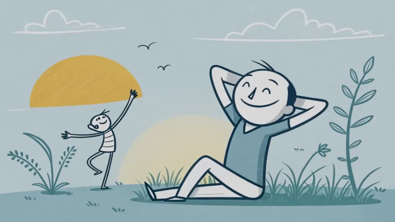 Gezeichnete Szene: Person lehnt sich entspannt im Gras zurück, ein Kind tanzt im Hintergrund vor einer großen gelben Sonne; klare, helle Illustration.