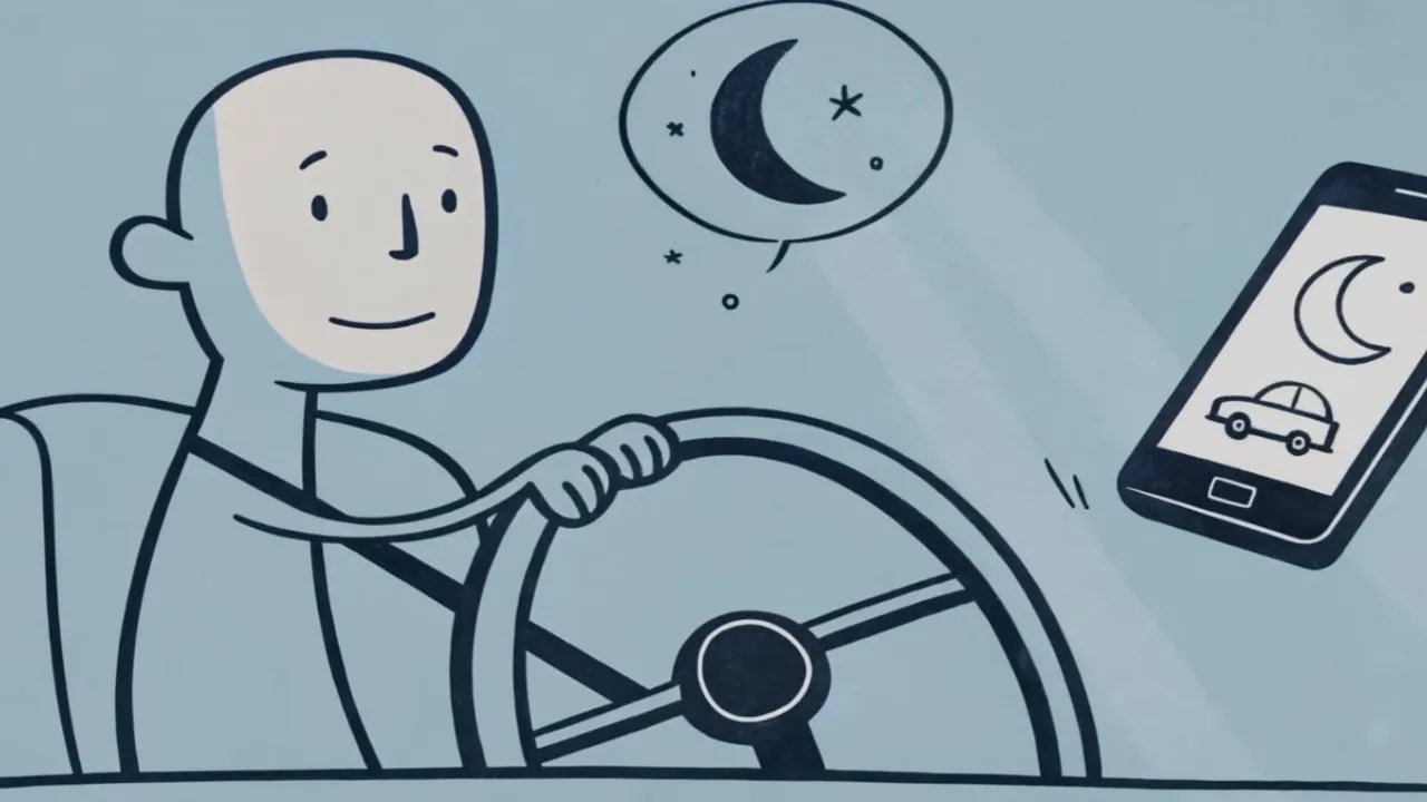Klare Illustration: Person am Steuer und ein Smartphone mit Mond- und Auto‑Icon