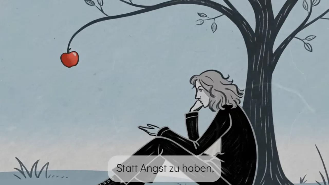 Illustration einer Person, die entspannt unter einem Baum sitzt und nachdenkt, ein Apfel am Ast symbolisiert Inspiration.