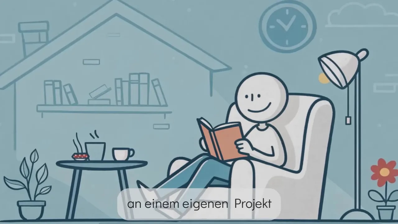 Cartoon-Illustration: Person liest entspannt in einem Sessel, kleiner Tisch mit Tasse und Uhr an der Wand