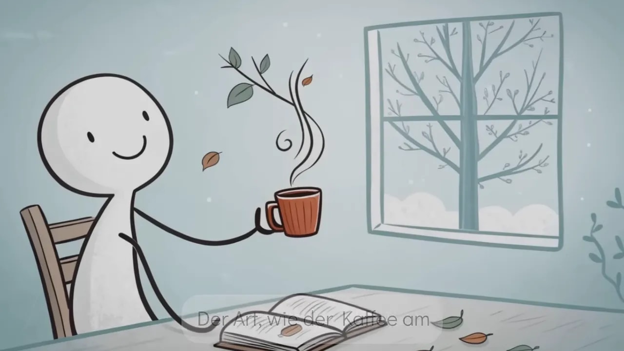 Illustration: Person mit Tasse Kaffee und offenem Buch vor dem Fenster