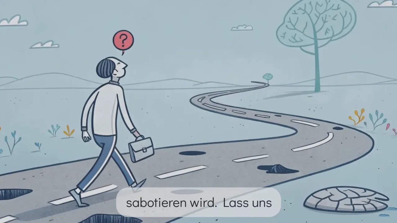 Illustration einer Person, die eine kurvige Straße mit Schlaglöchern entlanggeht, Symbol für Hindernisse auf dem Weg zu neuen Gewohnheiten.