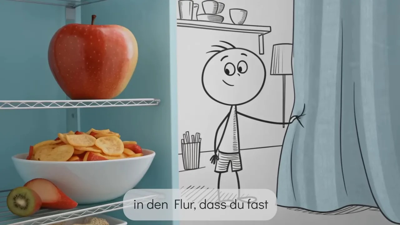 Regal mit großem Apfel und Schüssel mit Snacks, daneben ein gezeichnetes Strichmännchen, das einen Vorhang zur Seite zieht – zeigt gesunde Option sichtbar machen.