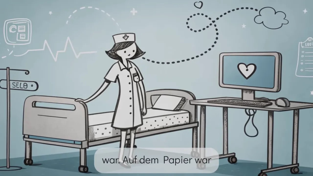 Illustration einer Krankenschwester neben einem Krankenhausbett und einem Monitor mit Herzsymbol