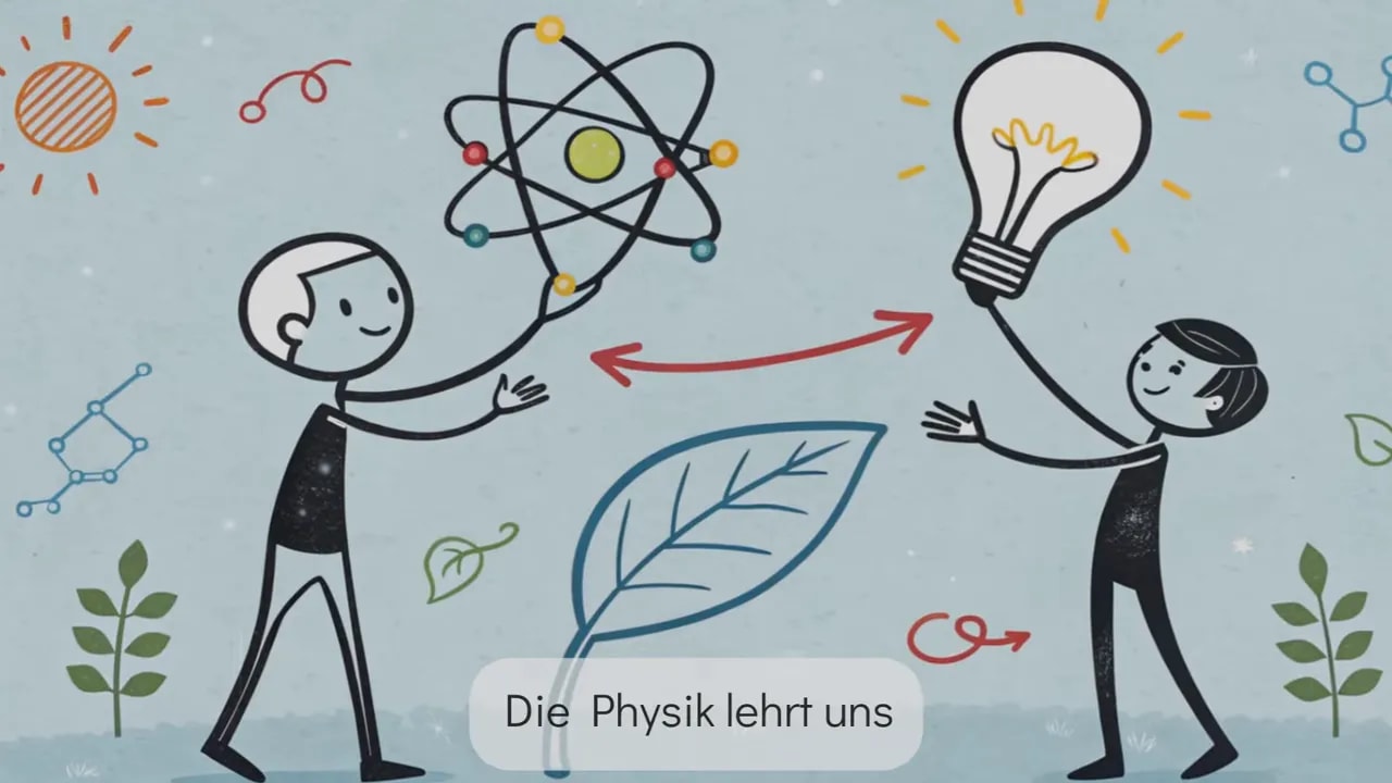 Illustration zweier Figuren, die ein Atom und eine Glühbirne tauschen – Symbol für mentale Modelle und fachübergreifendes Denken.