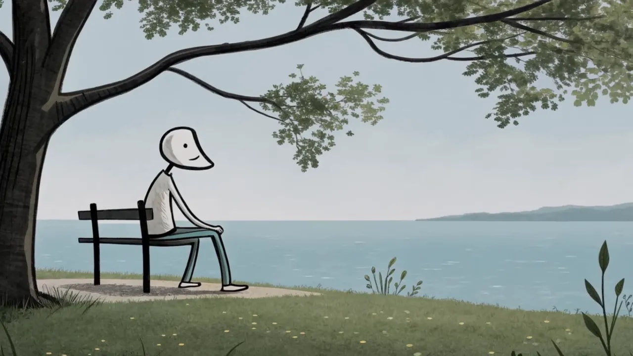 Illustration: Eine Person sitzt allein auf einer Bank unter einem Baum und blickt auf ein ruhiges Gewässer