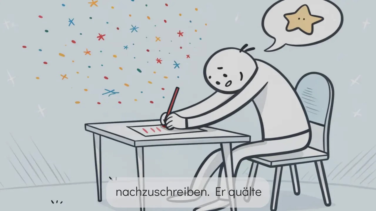 Illustration einer Person, die intensiv am Tisch schreibt; bunte Funken hinter ihr symbolisieren Gedanken.