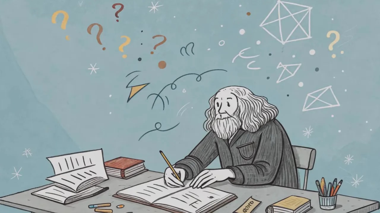 Zeichnung eines Mannes, der konzentriert an einem Tisch sitzt und in ein Notizbuch schreibt