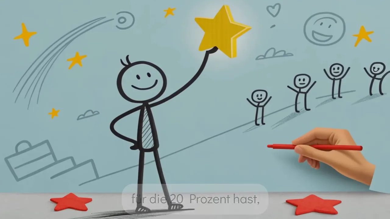 Strichmännchen hebt einen Stern über sich, gezeichnete Figuren im Hintergrund