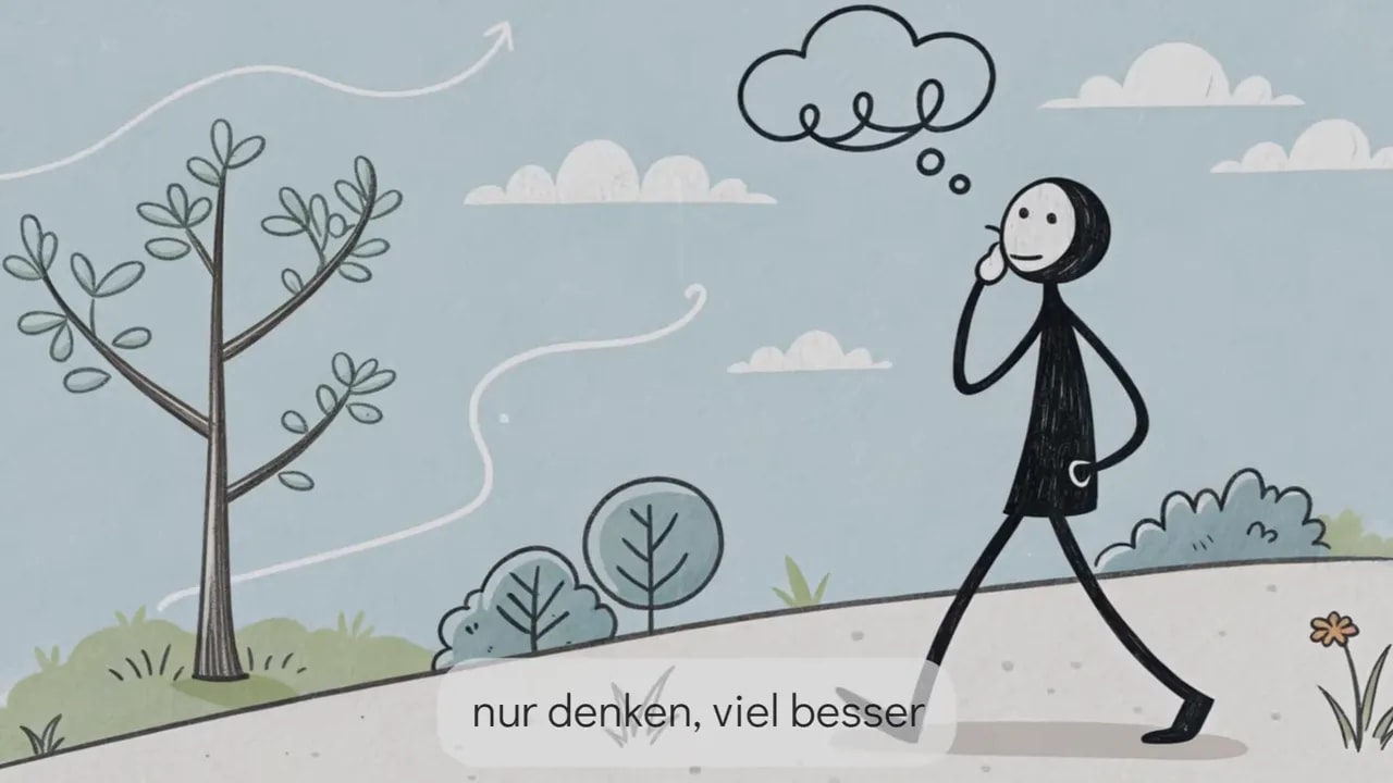 Illustration einer Person, die beim Spazierengehen im Freien nachdenkt mit einer Denkblase