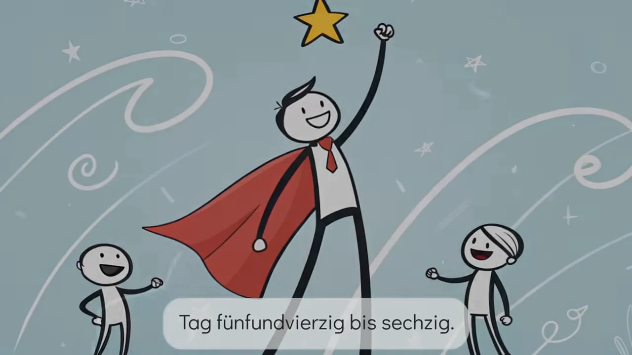 Cartoon einer großen Superheldenfigur mit Umhang und dem eingeblendeten Text 'Tag fünfundvierzig bis sechzig'.