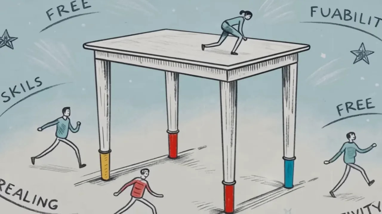 Illustrierter Tisch auf vier Beinen mit Menschen an den Beinen