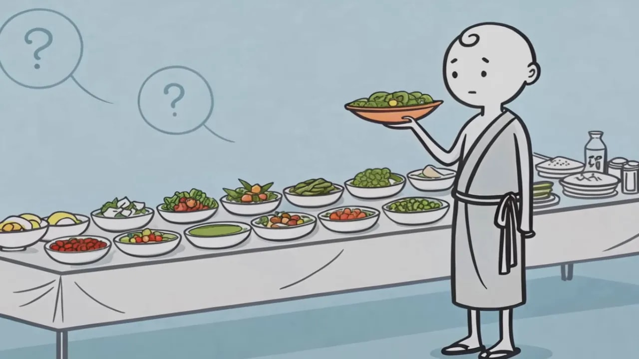 Illustration: Person vor überfülltem Buffet, unschlüssig eine Schale haltend