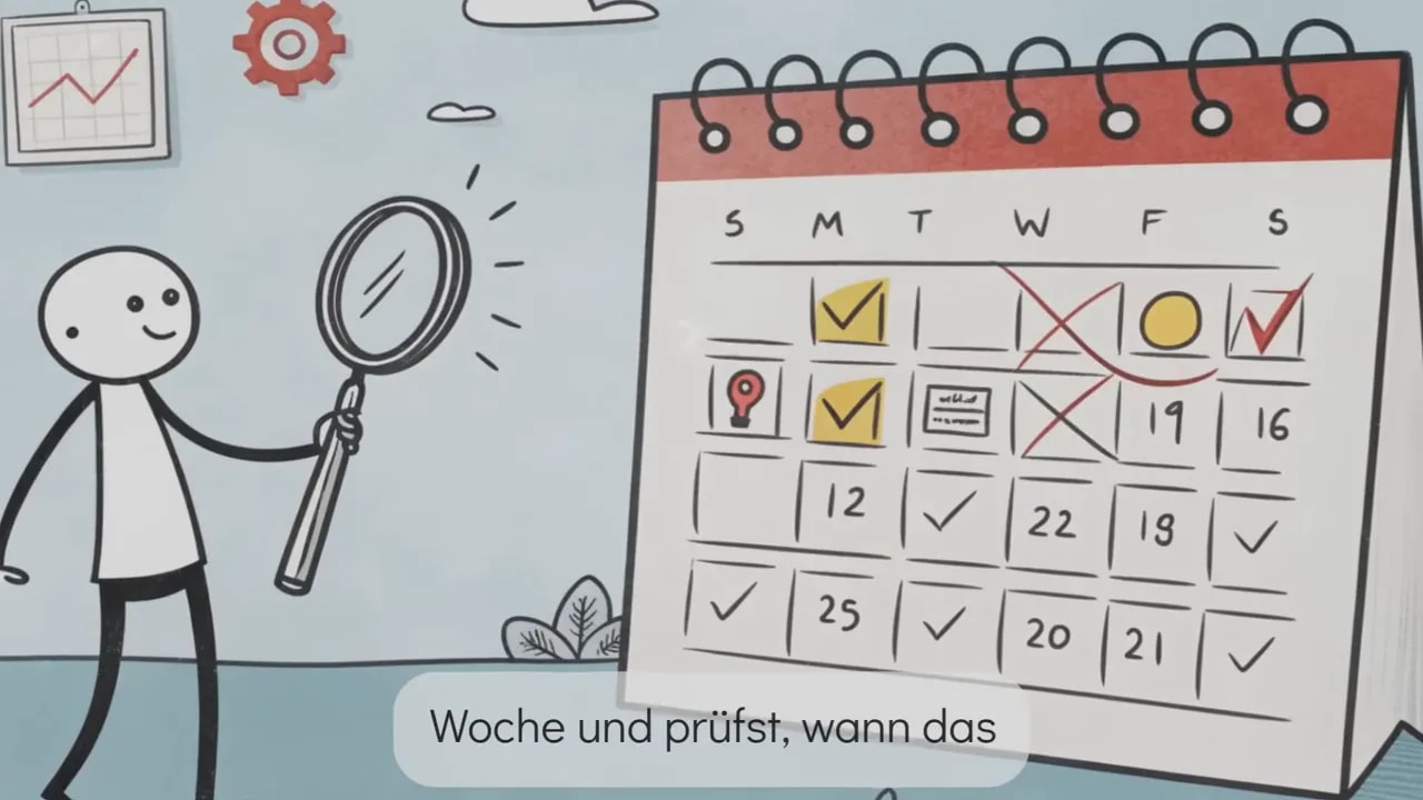 Illustration eines aufgestellten Kalenders mit Markierungen und eine Strichfigur mit Lupe, die die Woche prüft.