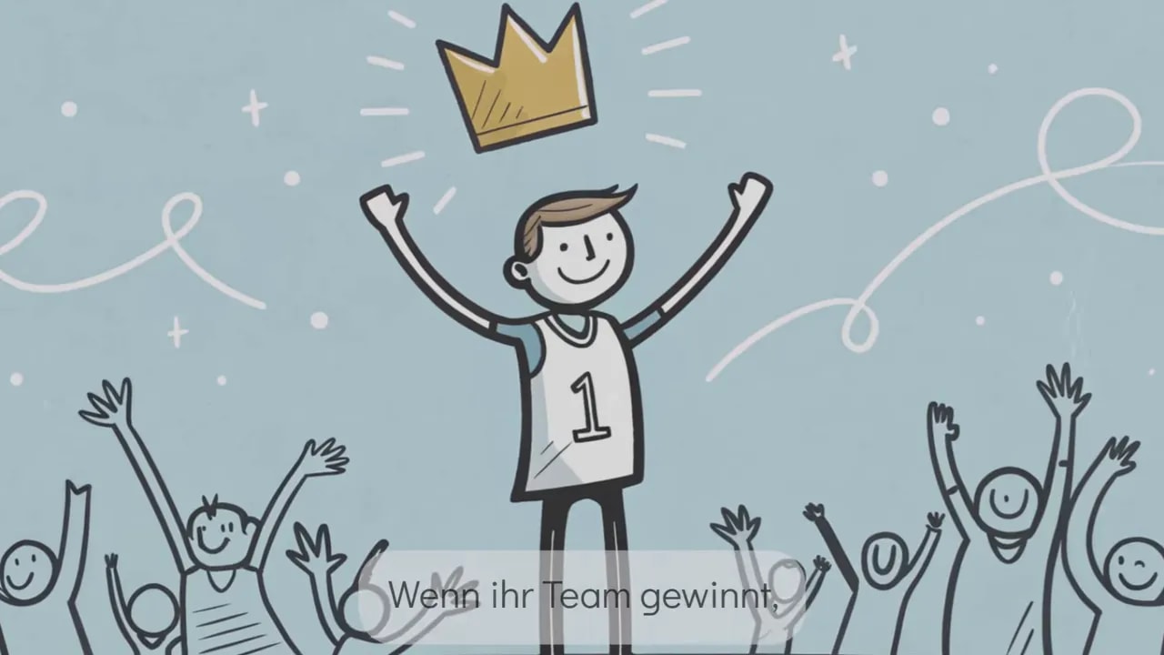 Illustration eines feiernden Spielers mit Krone und jubelnden Fans im Hintergrund